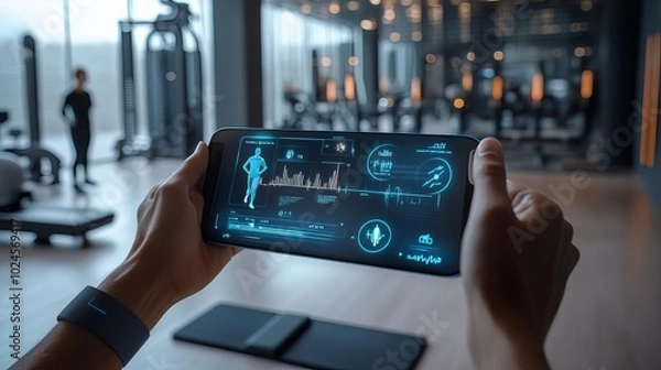Fototapeta AI-driven fitness tracker, holographic health metrics, tech-enhanced gym