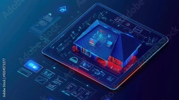 Fototapeta A digital home control dashboard on a tablet, with icons for managing security systems, climate, and lighting.