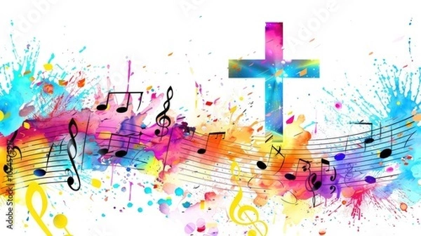 Fototapeta Colorful Christian Cross and Music Notes with Hands Glorifying God, Vector Illustration on White Background