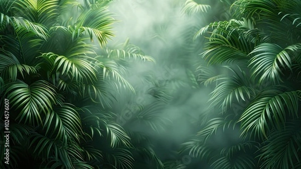 Obraz Wall with palm leaves, foggy background, copy space concept. 