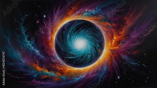 Obraz A swirling galaxy with a bright white core surrounded by a ring of orange, blue, and purple clouds, set against a dark background with a smattering of stars.