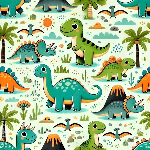Fototapeta Seamless pattern of cute cartoon dinosaurs in a prehistoric setting
