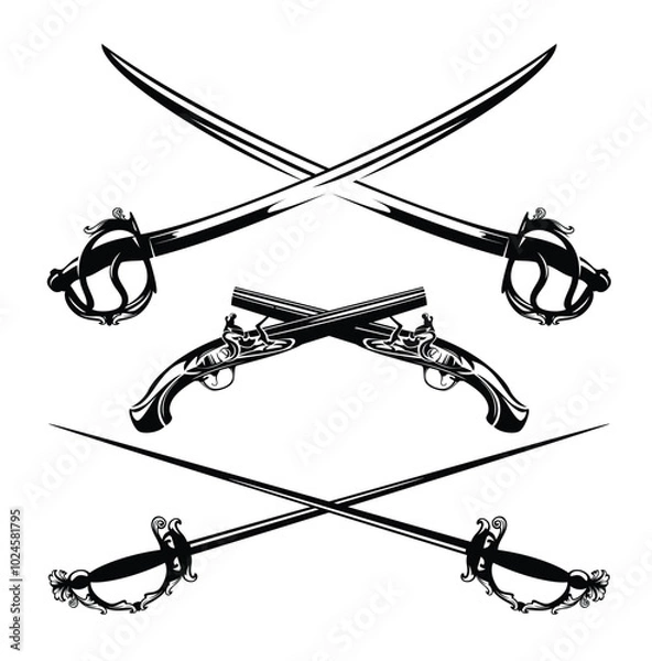 Fototapeta crossed antique dueling pistols, saber swords and fencing epees  - black and white weapon vector design set