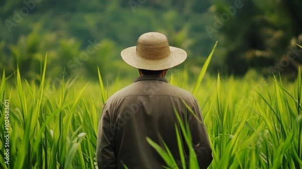 Fototapeta A farmer stands in a lush green rice field, wearing a straw hat, surrounded by vibrant plants, enjoying the tranquility of nature.