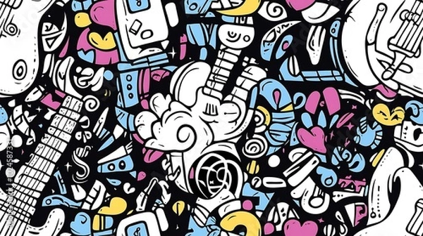 Fototapeta An energetic music festival pattern, featuring vinyl records, neon-colored guitars, and glowing microphones surrounded by swirling music notes and sound waves.