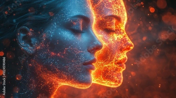 Fototapeta A stunning artistic representation showcasing two faces side by side with a captivating mix of blue and orange shimmering effects, symbolizing duality.