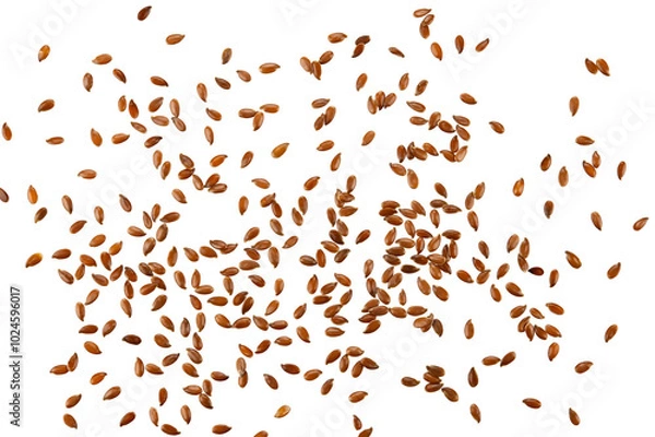 Obraz Scattered brown flax seeds isolated on a transparent background. Top view.