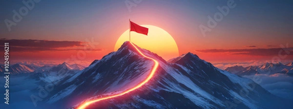 Obraz Concept of step-by-step achievement of goals. Glowing path leading to success and achievements concept with flag on peak of mountain. Ad poster for business the presentation.