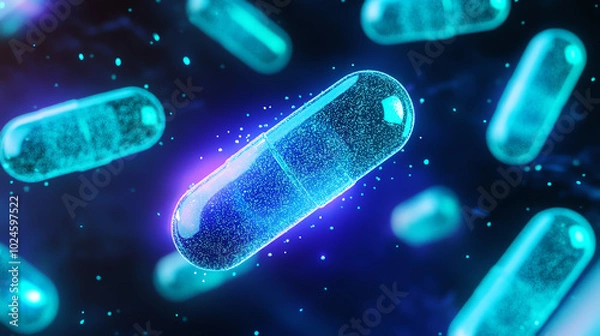 Fototapeta Close-up of glowing capsules floating in a cosmic space, showcasing a blend of blue and purple tones, representing innovation in pharmaceuticals and biotechnology.