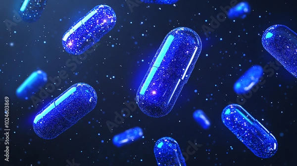 Fototapeta Floating blue capsules with a starry texture, creating a cosmic abstraction. Ideal for themes related to health, science, and innovation against a dark background.