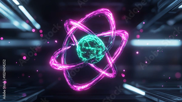 Fototapeta A vibrant representation of an atom depicted with glowing particles, showcasing scientific concepts and energy in a modern, digital style.