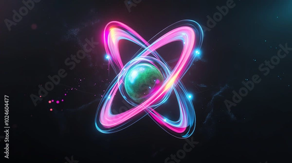 Fototapeta A vivid and colorful representation of an atom, featuring bright pink and blue rings around a central green nucleus on a dark background.