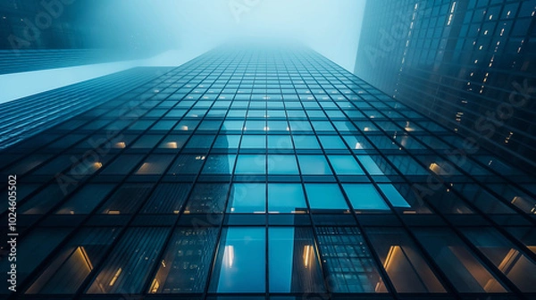 Obraz modern skyscraper disappearing into the fog viewed from below