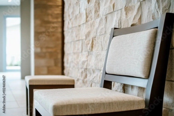 Fototapeta Contemporary seating area with upholstered chairs against textured stone wall, modern minimalist design for office lobby, waiting room, or reception area