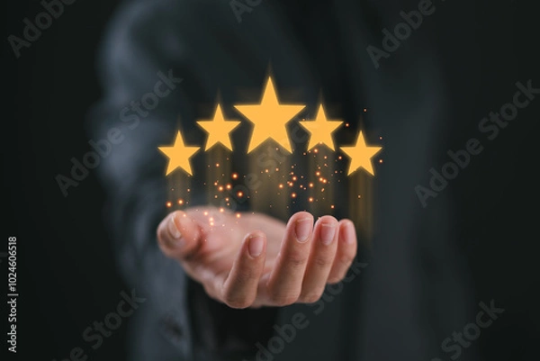 Fototapeta Customer Experience Concept, Best Excellent Services Rating for Satisfaction present by Hand of Client Showing excellent rating Five Star.