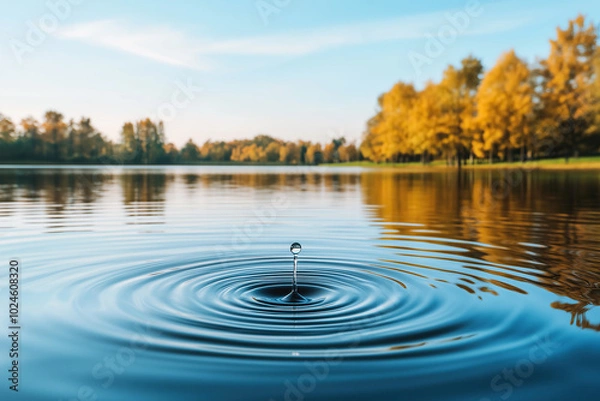 Fototapeta mindful seascape, water drop fallin into water creating ripples and forming circular waves, closeup, blue sky and autumn landscape in background, photorealistic