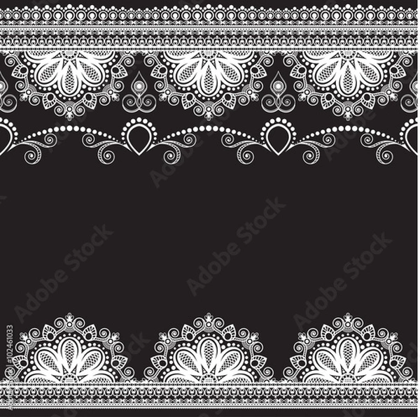 Fototapeta Border pattern elements with flowers and lace lines in Indian mehndi style for card and tattoo isolated on black background.