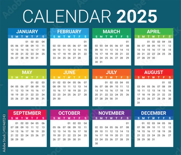Fototapeta colorful Calendar 2025 Full Editable, Eps Vector