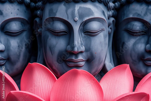 Fototapeta mindfulness, buddha faces in grey behind red lotus flower in front, closeup, photorealistic