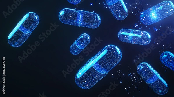 Fototapeta Floating blue capsules with a glowing effect against a dark background, representing healthcare, pharmaceuticals, and modern medicine.