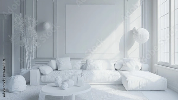 Fototapeta Elegant White Luxury Minimalist Living Room Mockup for Stunning Interior Design Presentations