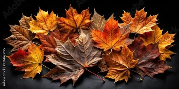 Fototapeta A collection of autumn leaves in various shades of brown, yellow, and red, arranged on a black background, showcasing the delicate veining and vibrant colors of the season.