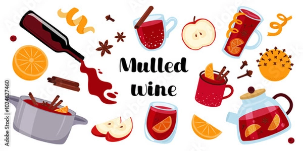 Fototapeta Mulled wine set of elements. Christmas punch in various cups and glasses. Hot red wine with fruit and spice collection.