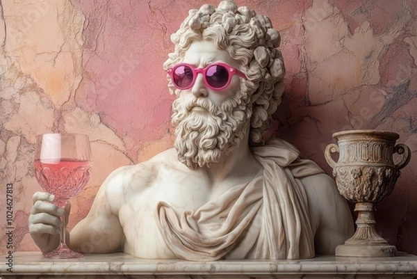 Fototapeta whimsical greek god portrait dionysus with modern twist neon pink sunglasses iridescent wine goblet marble texture pop art influence