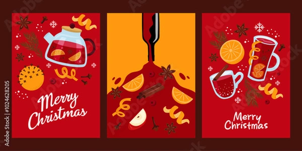 Fototapeta Stock vector christmas card set. Mulled wine, orange, spices, bottle of wine on red background.