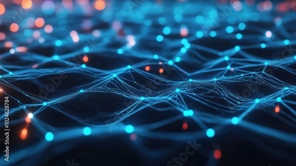 Fototapeta Abstract representation of interconnected nodes and waves in a digital space.