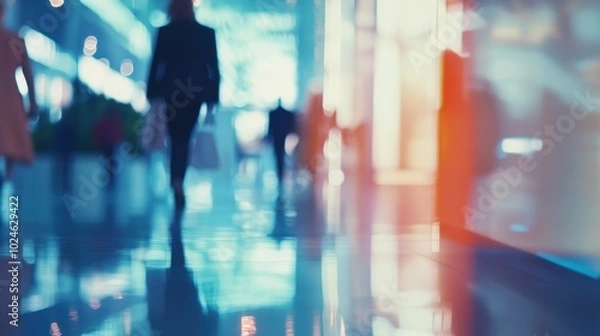 Fototapeta Blurred figures walking in a modern indoor space, reflecting a busy atmosphere.