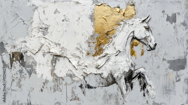 Fototapeta An abstract representation of a horse in motion with gold and white textures.