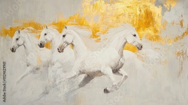Fototapeta A dynamic painting of four white horses running, set against a golden backdrop.