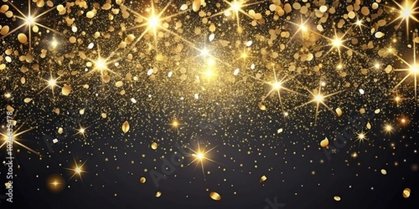 Fototapeta Golden confetti and sparkling stars on a black background, creating a festive and celebratory atmosphere.