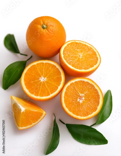 Fototapeta orange fruits with slices and green leaves, either whole or halved, isolated on a white background