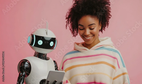 Fototapeta A woman is smiling at a robot