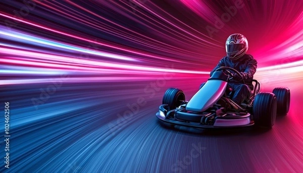 Obraz Futuristic go-kart rider in full motion, streaks of neon light illuminating the track, high-speed action and glowing colors, intense racing vibe