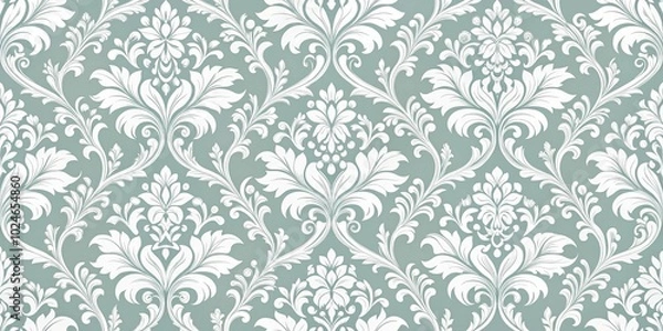 Fototapeta Seamless Vintage Floral Damask Pattern with Intricate Flourishes and Delicate White Motifs on a Soft Green Background