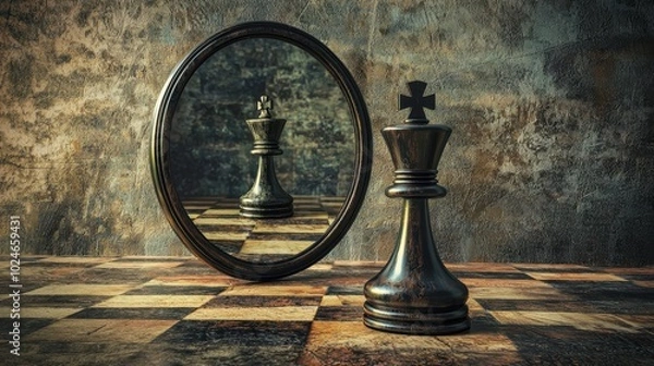 Fototapeta Reflected chess king in a vintage mirror setting