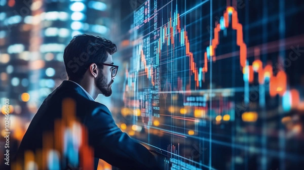Fototapeta Forex traders adeptly managing currency risk in a highly volatile exchange market, visualized through advanced digital interfaces that illustrate real-time data and analytics, showcasing strategies fo