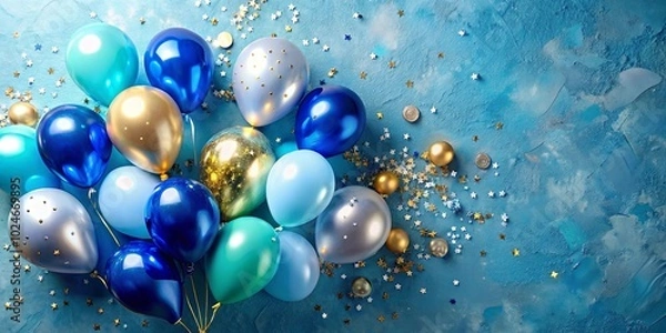 Fototapeta A cluster of blue, teal, and gold balloons scattered with star-shaped confetti on a blue background.