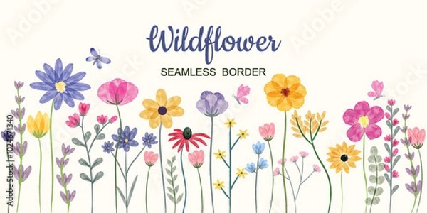 Fototapeta Minimalist Wildflower Illustration - Seamless Watercolor Floral Arrangements With Butterflies