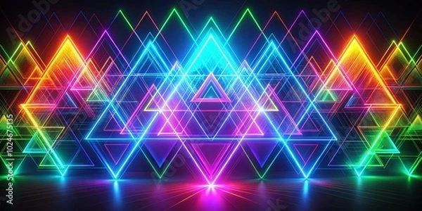 Fototapeta A symphony of glowing triangular shapes in vibrant neon hues, casting a luminous glow on a sleek black surface.
