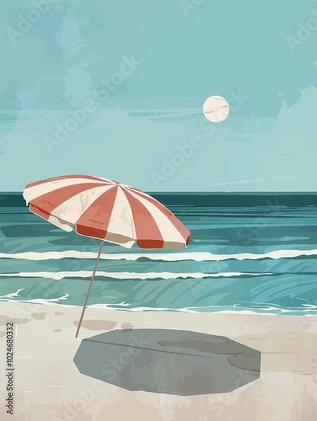Fototapeta Minimalist beach scene illustration with striped beach umbrella. Calming seaside vibe perfect for summer, vacations, and relaxation themes. Soft pastel color palette enhances tranquil atmosphere.