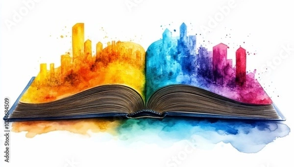 Fototapeta An open book with vibrant cityscapes emerging from its pages, symbolizing imagination and creativity.