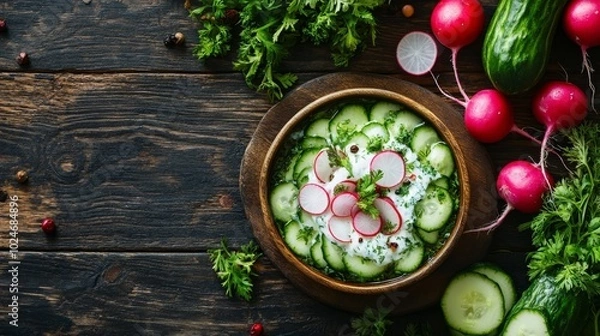 Fototapeta Cold cucumber-radish soup in bowl, Russian 'okroshka'