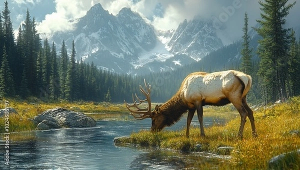 Fototapeta A majestic elk grazes by a serene river with mountains in the background.