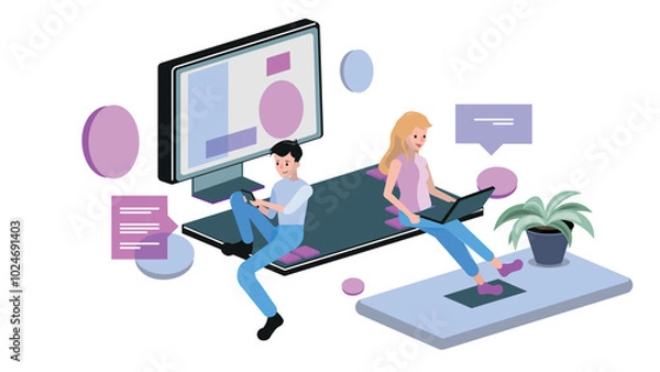 Fototapeta Businessman, Businesswoman and look stock exchange graph on monitor. Financial analysis vector concept. illustrator.