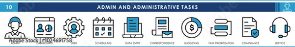 Obraz A set of line icons related to admin and administrative tasks. Admin, dashboard, user, scheduling, data entry, budgeting, compliance, and so on. Vector editable stroke.