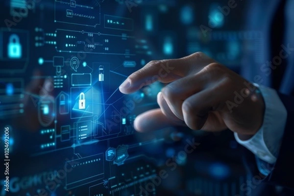 Fototapeta Hand reaching for floating digital security symbol